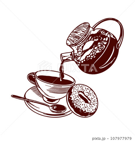 Cup of tea, teapot and donut. Vector illustration of food in graphic style. Menus of restaurants, cafes, snack bars, food labels, covers. 107977979
