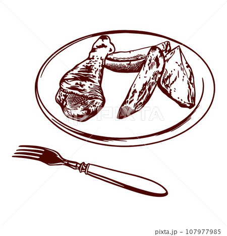 A piece of chicken, potato slices, a fork. Vector illustration of food in graphic style. Menus of restaurants, cafes, food labels, covers. 107977985