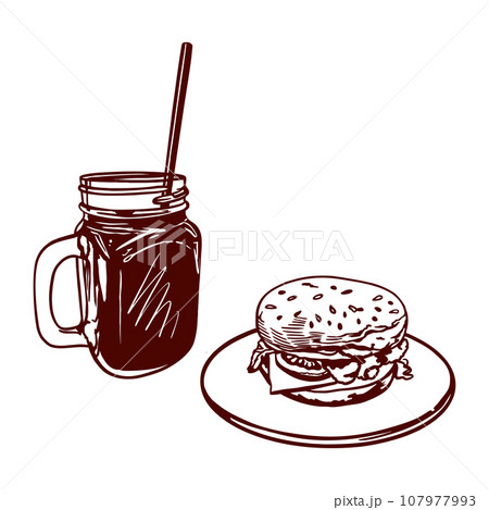 A glass of juice with a straw and a hamburger. Vector illustration of food in graphic style. Menus of restaurants, cafes, food labels, covers. A glass of juice with a straw and a hamburger. Vector illustration of food in graphic style. Menus of restaurants, cafes, food labels, covers. 107977993