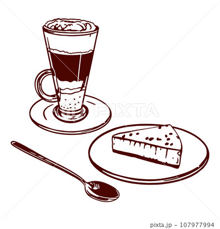 Iced coffee, cheesecake on a saucer and spoon. Vector illustration of food in graphic style. Menus of restaurants, cafes, food labels, covers, cards. Iced coffee, cheesecake on a saucer and spoon. Vector illustration of food in graphic style. Menus of restaurants, cafes, food labels, covers, cards. 107977994