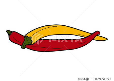 Intertwined red and yellow chili peppers. Mexican traditional condiment and spices. Isolate. Vector Intertwined red and yellow chili peppers. Mexican traditional condiment and spices. Isolate. Vector 107978151