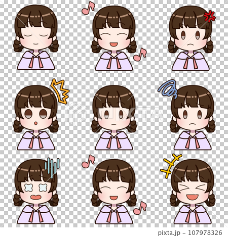 Different facial expression set for a girl wearing a hoodie 107978326