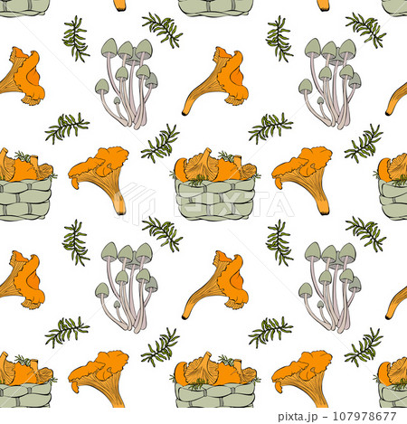 Pattern with mushrooms and basket of chanterelles, moss and family mycena , white background. Pattern with mushrooms and basket of chanterelles, moss and family mycena , white background. 107978677
