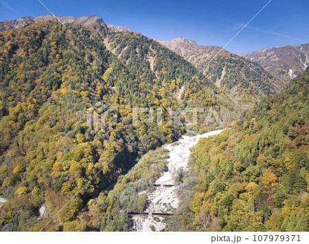 壮大な扇沢の紅葉 長野県大町市(ドローンによる空撮) 壮大な扇沢の紅葉 長野県大町市(ドローンによる空撮) 107979371