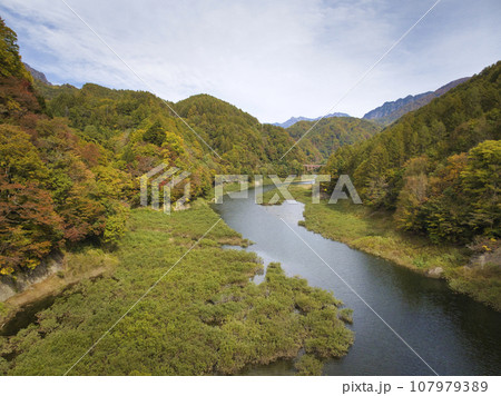 奥裾花渓谷の美しい紅葉　長野県長野市（ドローンによる空撮） 107979389