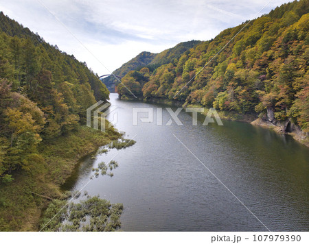 奥裾花渓谷の美しい紅葉 長野県長野市(ドローンによる空撮) 奥裾花渓谷の美しい紅葉 長野県長野市(ドローンによる空撮) 107979390