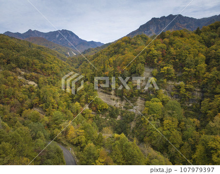 高妻山・乙妻山と奥裾花渓谷の美しい紅葉　長野県長野市（ドローンによる空撮） 107979397