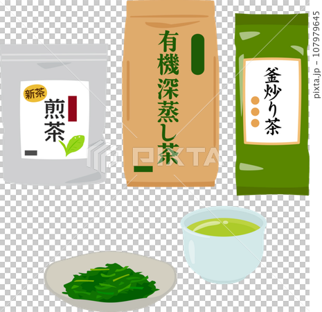 袋入りの緑茶茶葉のイラストセット 袋入りの緑茶茶葉のイラストセット 107979645