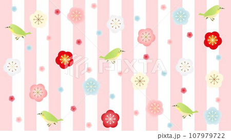梅と鳥とストライプのレトロで可愛い壁紙 アスペクト比16:9バージョン 梅と鳥とストライプのレトロで可愛い壁紙 アスペクト比16:9バージョン 107979722