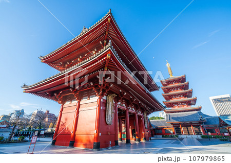 「東京都」浅草寺　宝蔵門と五重塔の風景 107979865