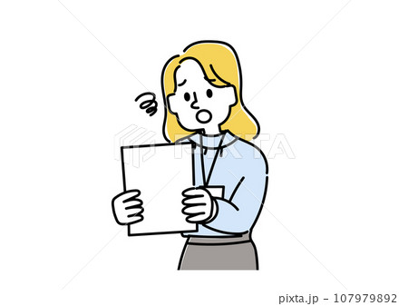 書類を見てがっかりしているビジネスマンのイラスト（女性） 107979892