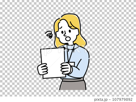 書類を見てがっかりしているビジネスマンのイラスト（女性） 107979892