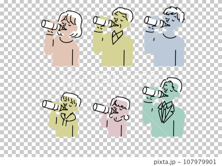 水を飲んでいるさまざまな年齢の人物のイラストセット 107979901