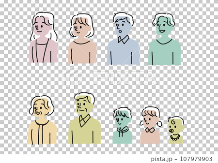 左側を向いているさまざまな年齢の人物のイラストセット 107979903