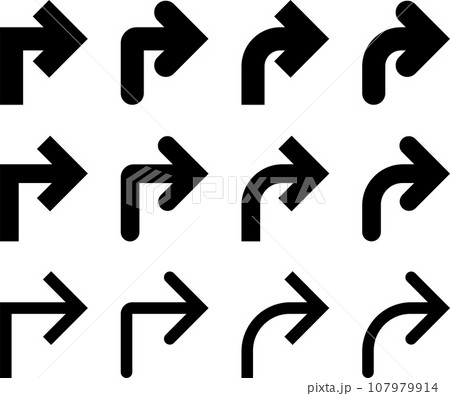 モノクロの曲がり矢印、カーブ矢印、Lターン矢印のベクターイラストセット 107979914