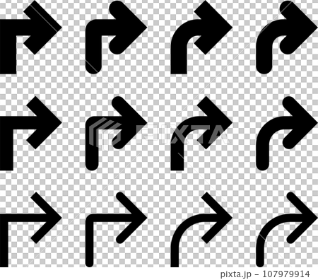 モノクロの曲がり矢印、カーブ矢印、Lターン矢印のベクターイラストセット 107979914
