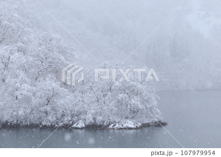 富山_雪景色の庄川峡の絶景風景 107979954