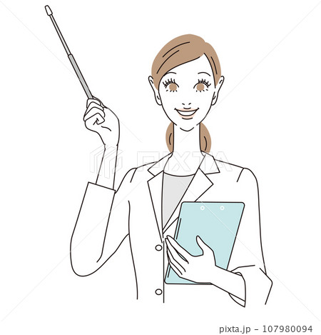 指し棒を持って案内する女性医師上半身 指し棒を持って案内する女性医師上半身 107980094