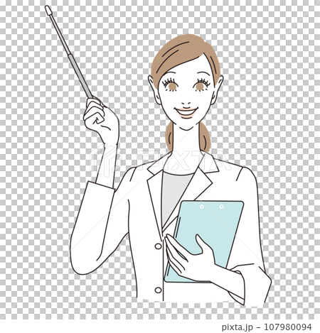 指し棒を持って案内する女性医師上半身 指し棒を持って案内する女性医師上半身 107980094