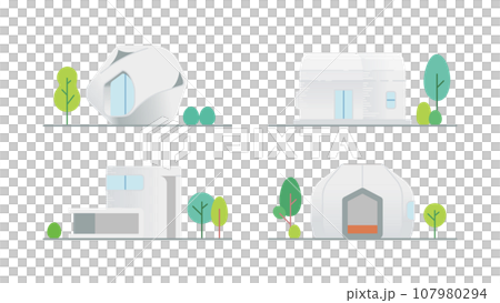 Illustration set of compact houses built with 3D printers Illustration set of compact houses built with 3D printers 107980294