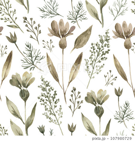 Watercolor seamless pattern with trendy dried plants and flowers. Hand drawn luxury print for decor and design Watercolor seamless pattern with trendy dried plants and flowers. Hand drawn luxury print for decor and design 107980729