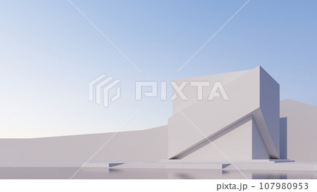 Abstract futuristic architecture design transparent cube shape, with sunset background . 3D illustration render 107980953