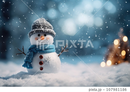 snowman portrait on snowy background with copy space. Generative AI snowman portrait on snowy background with copy space. Generative AI 107981186