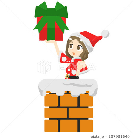 煙突でプレゼントを掲げるサンタクロースの女性 煙突でプレゼントを掲げるサンタクロースの女性 107981640