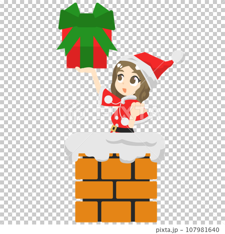 煙突でプレゼントを掲げるサンタクロースの女性 煙突でプレゼントを掲げるサンタクロースの女性 107981640
