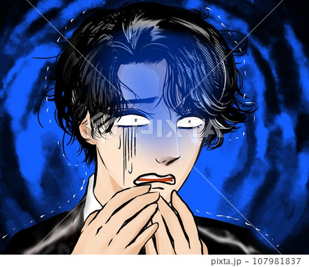 青ざめてドン引きするイケメンバーテンダー風男性のカラー漫画イラストと暗雲背景 107981837