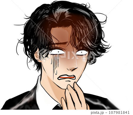 青ざめてドン引きするイケメンバーテンダー風男性のカラー漫画イラストと透過背景 107981841