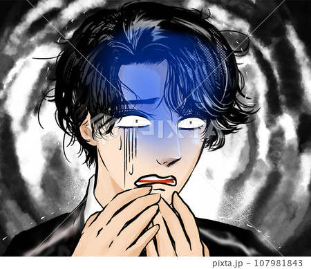 青ざめてドン引きするイケメンバーテンダー風男性のカラー漫画イラストの暗雲背景 青ざめてドン引きするイケメンバーテンダー風男性のカラー漫画イラストの暗雲背景 107981843