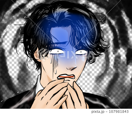 A dark cloud background of a color cartoon illustration of a handsome tender-looking man who looks pale and depressed. 107981843