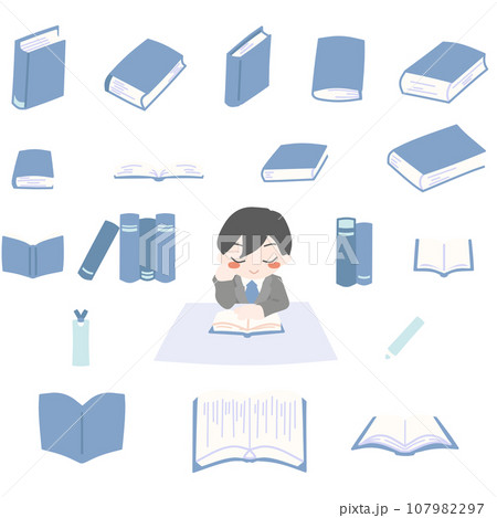 テーブルで読書する男性と、色々な角度から見た本のカラーイラストセット青 107982297