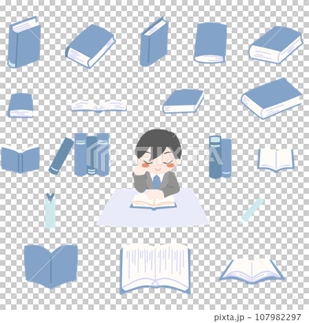 Color illustration set of a man reading at a table and a book viewed from various angles, blue Color illustration set of a man reading at a table and a book viewed from various angles, blue 107982297