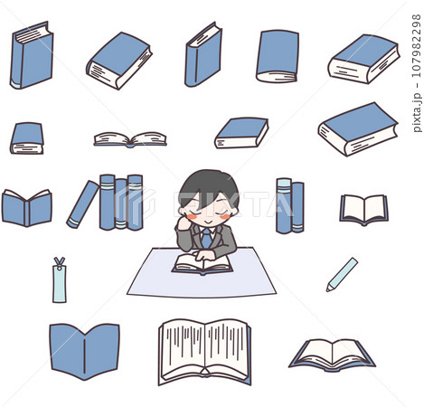 テーブルで読書する男性と、色々な角度から見た本のカラーイラストセット青 107982298