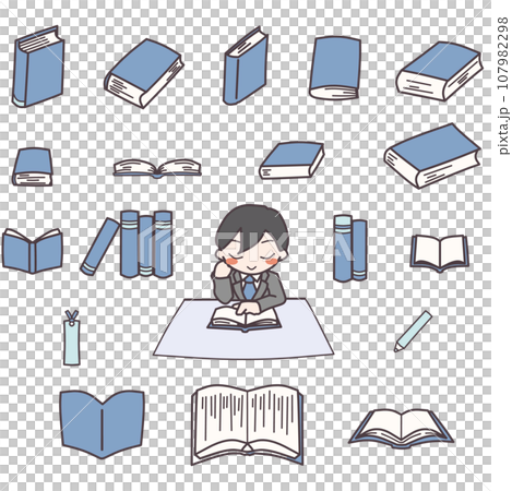 テーブルで読書する男性と、色々な角度から見た本のカラーイラストセット青 107982298
