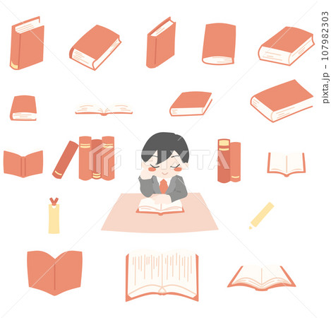 テーブルで読書する男性と、色々な角度から見た本のカラーイラストセット赤 107982303