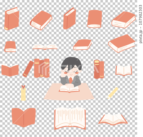 テーブルで読書する男性と、色々な角度から見た本のカラーイラストセット赤 107982303