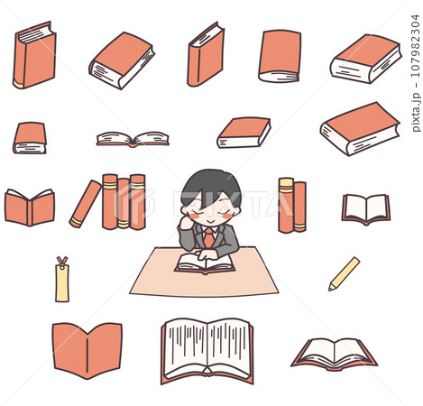 テーブルで読書する男性と、色々な角度から見た本のカラーイラストセット赤 テーブルで読書する男性と、色々な角度から見た本のカラーイラストセット赤 107982304