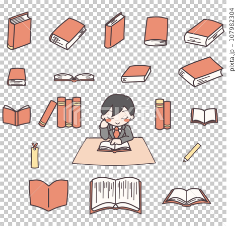 彩色插圖集:一個男人在桌上讀書,從不同角度看一本書(紅色) 彩色插圖集:一個男人在桌上讀書,從不同角度看一本書(紅色) 107982304