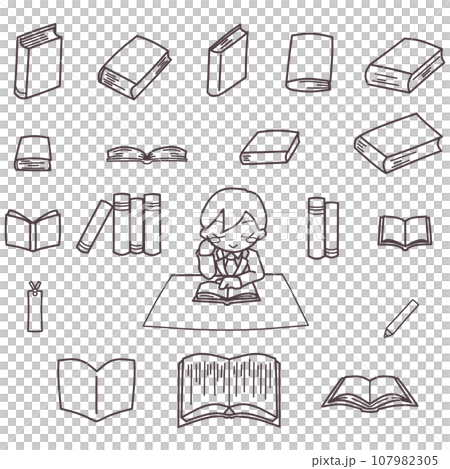 Line drawing set of a man reading at a table and a book viewed from various angles 107982305