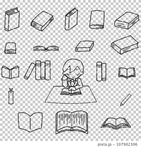 A set of line drawings of a man reading at a table and a book viewed from various angles (dashed lines) A set of line drawings of a man reading at a table and a book viewed from various angles (dashed lines) 107982306