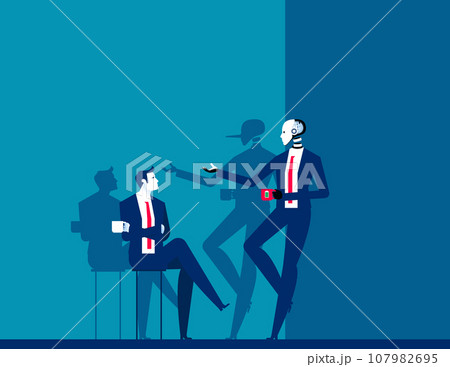 Robot with long nose shadow. Fraud artificial intelligence concept Robot with long nose shadow. Fraud artificial intelligence concept 107982695