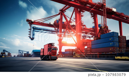 Crane loading cargo container import container ship. Generative AI 107983079