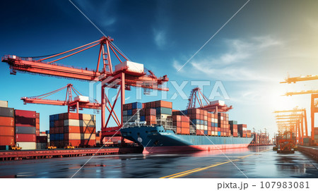 Crane loading cargo container import container ship. Generative AI 107983081
