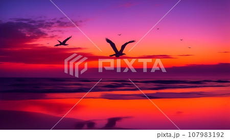 夕焼けの鮮やかな空を飛ぶ鳥のシルエットのイラスト素材 [107983192