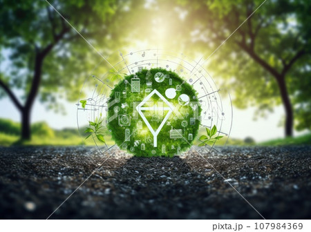 Crystal globe putting on moss, ESG icon for Environment Social and Governance, World sustainable environment concept. AI Generative. 107984369