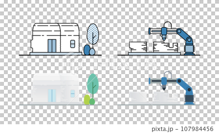 Illustration set of a compact house being constructed with a 3D printer 107984456