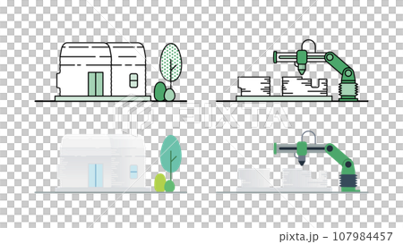 3Dプリンタでコンパクトな家を建設中のイラストセット 107984457